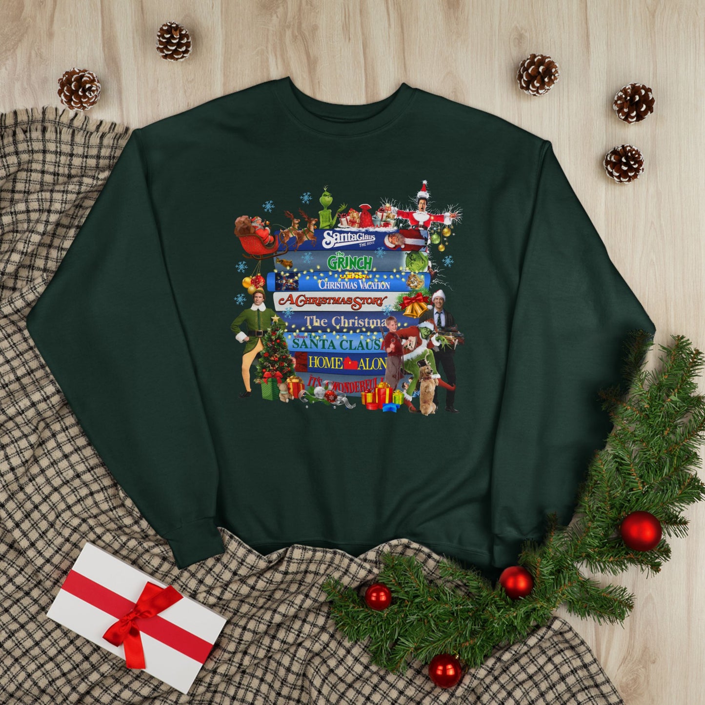 Christmas Movie Stack Crewneck Sweatshirt — Holiday Classics Sign Design
