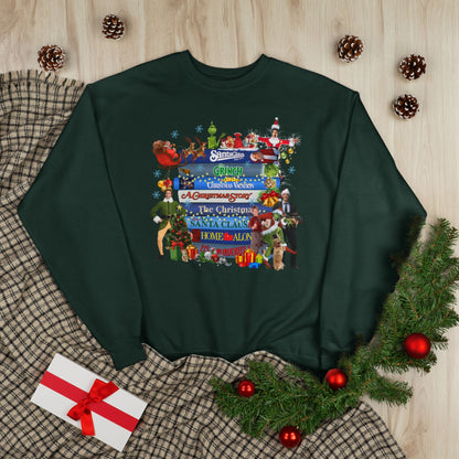 Christmas Movie Stack Crewneck Sweatshirt — Holiday Classics Sign Design