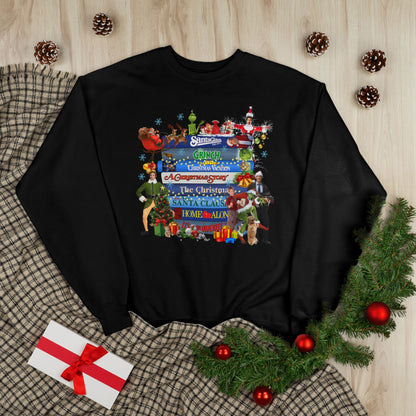 Christmas Movie Stack Crewneck Sweatshirt — Holiday Classics Sign Design