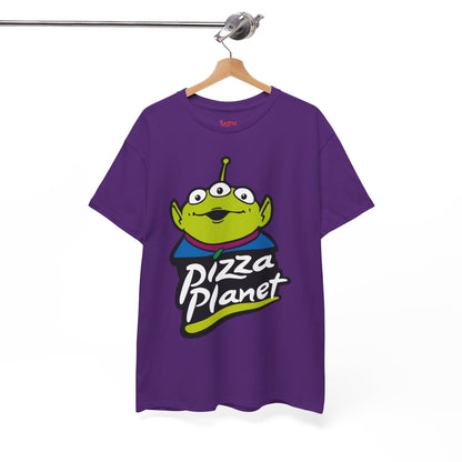Pizza Planet Alien Graphic Tee — Retro Cartoon Pizza Logo T-Shirt