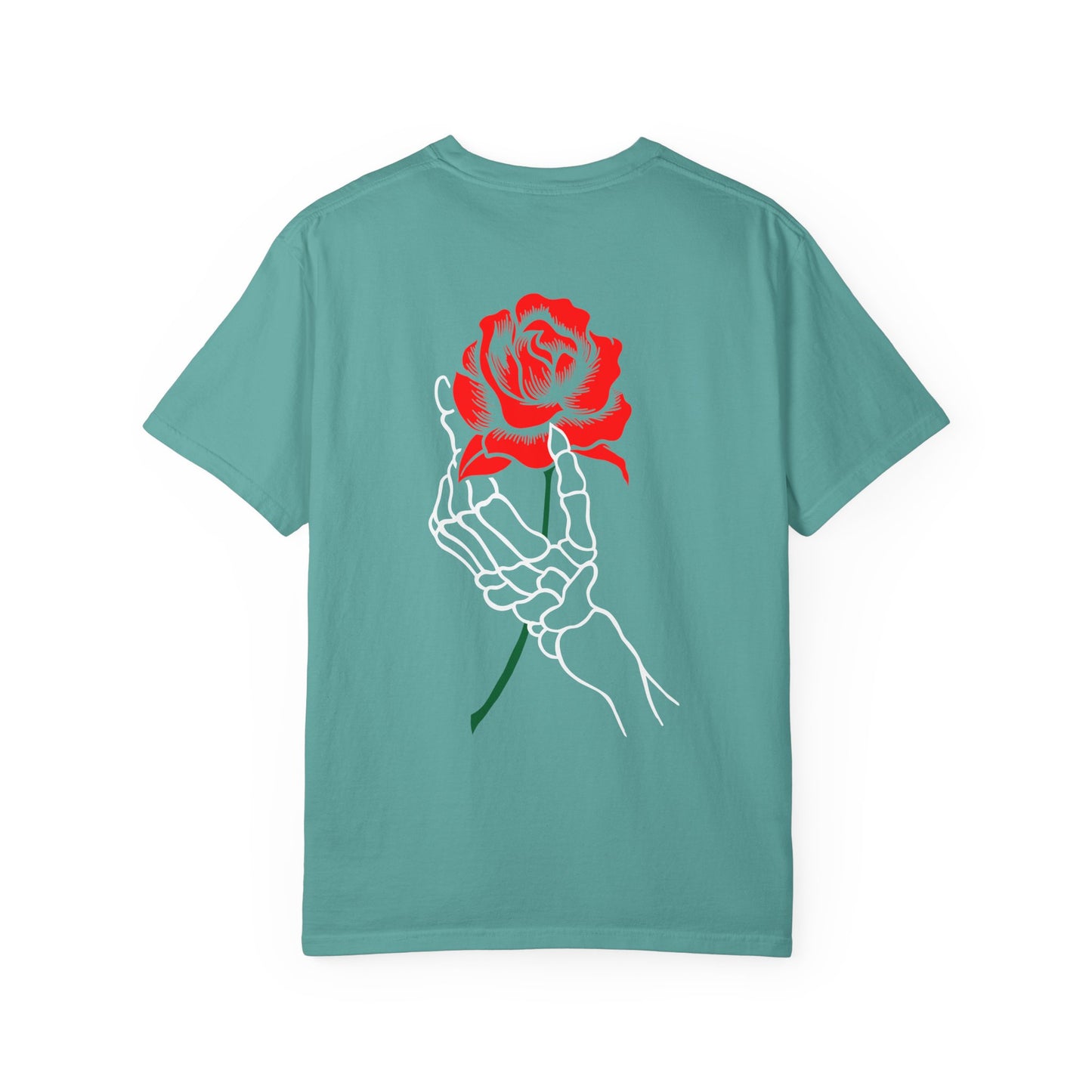 Skeleton Hand Holding Red Rose Graphic Tee