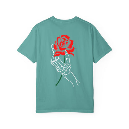 Skeleton Hand Holding Red Rose Graphic Tee