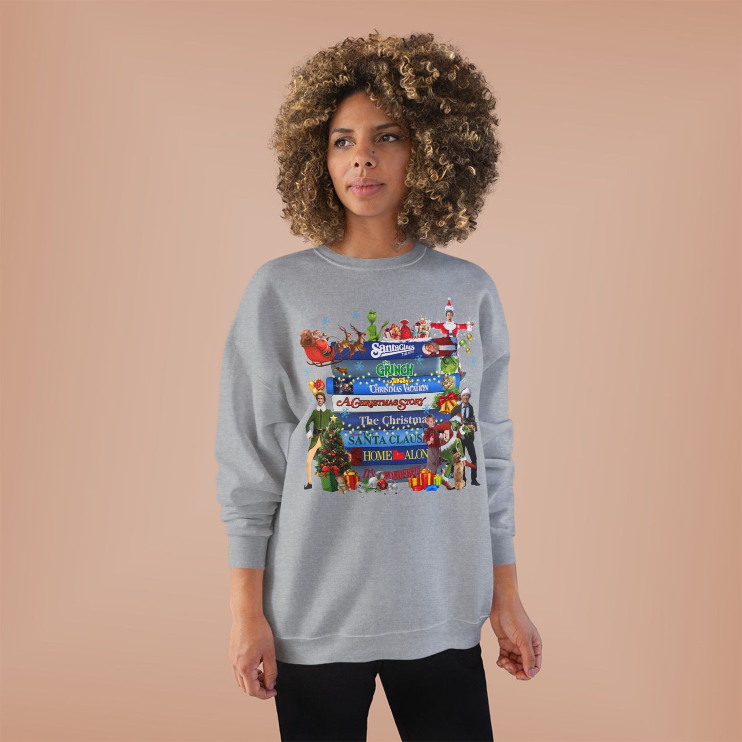 Christmas Movie Stack Crewneck Sweatshirt — Holiday Classics Sign Design
