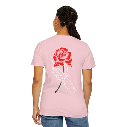Skeleton Hand Holding Red Rose Graphic Tee