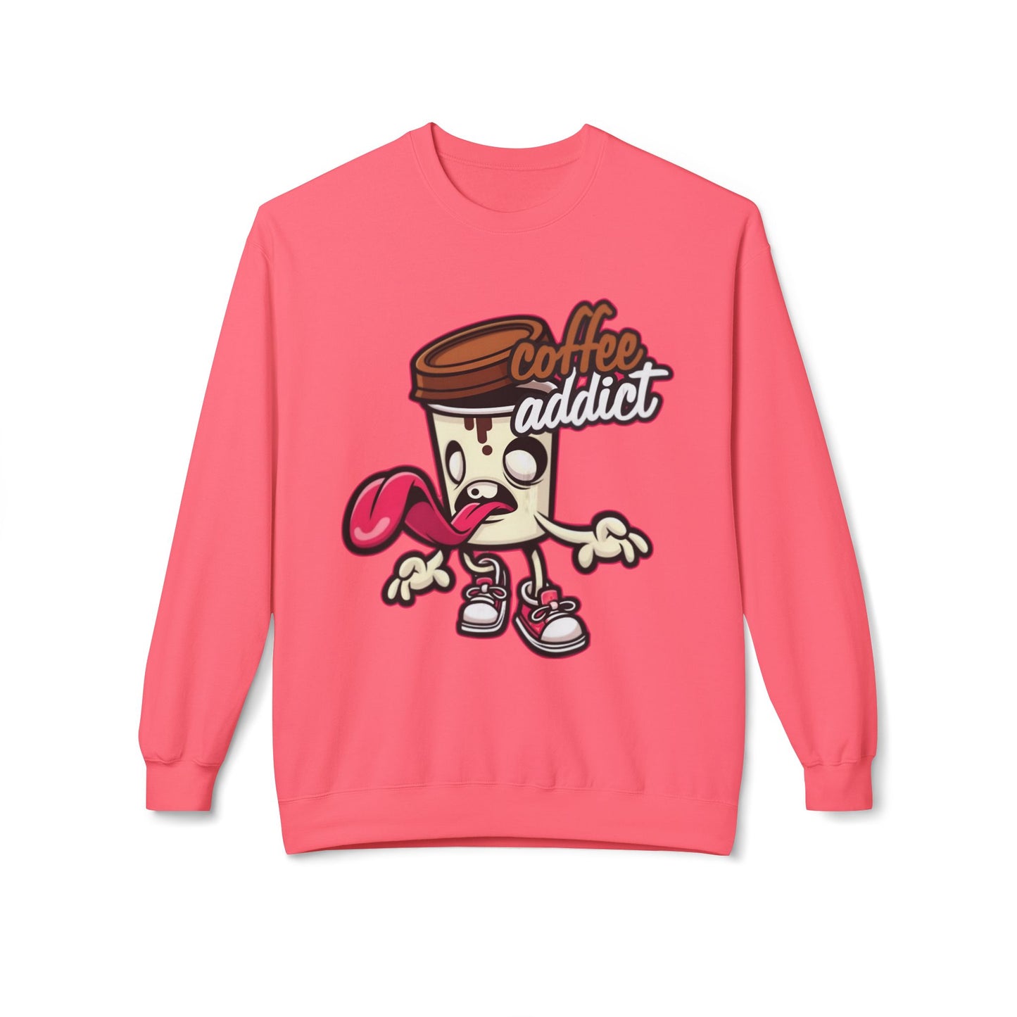 Coffee Addict Crewneck Sweatshirt — Cute Cartoon Coffee Cup Graphic