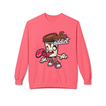 Coffee Addict Crewneck Sweatshirt — Cute Cartoon Coffee Cup Graphic