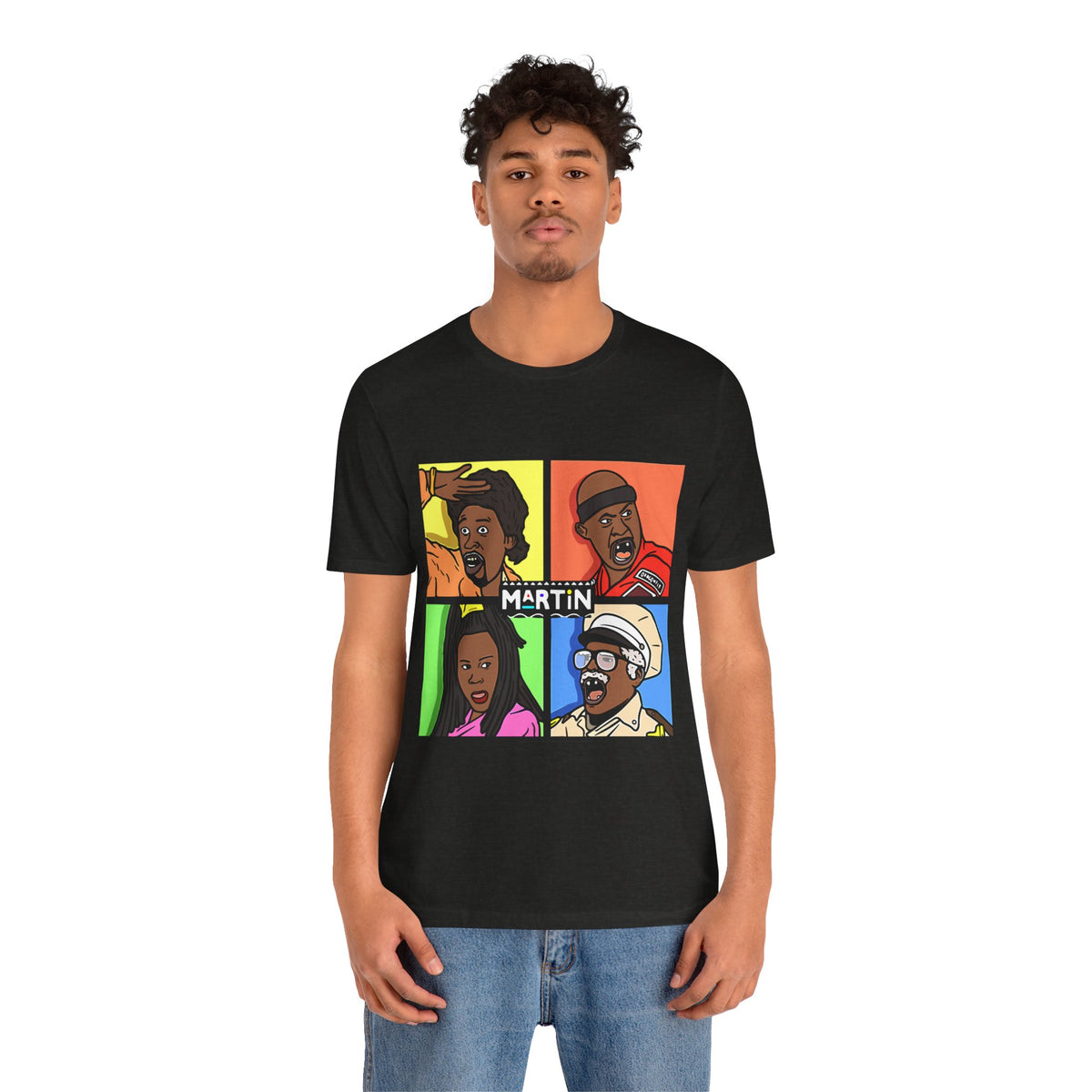 Retro TV Cast Graphic Tee — "Martin" Pop Art Squares