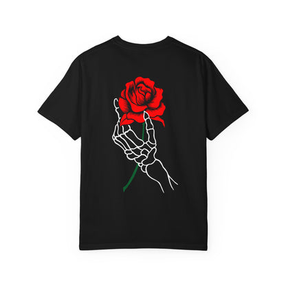 Skeleton Hand Holding Red Rose Graphic Tee