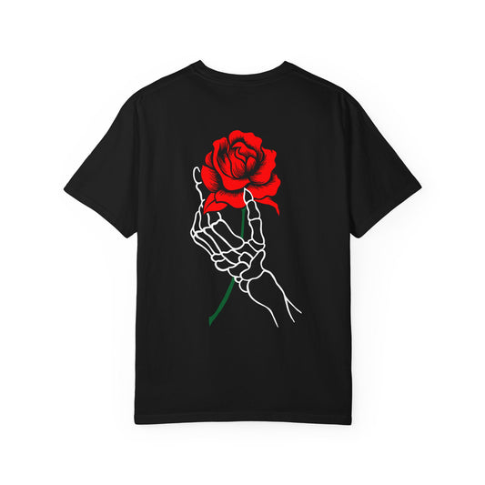 Skeleton Hand Holding Red Rose Graphic Tee