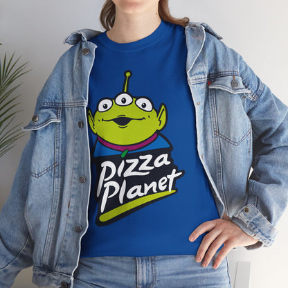 Pizza Planet Alien Graphic Tee — Retro Cartoon Pizza Logo T-Shirt