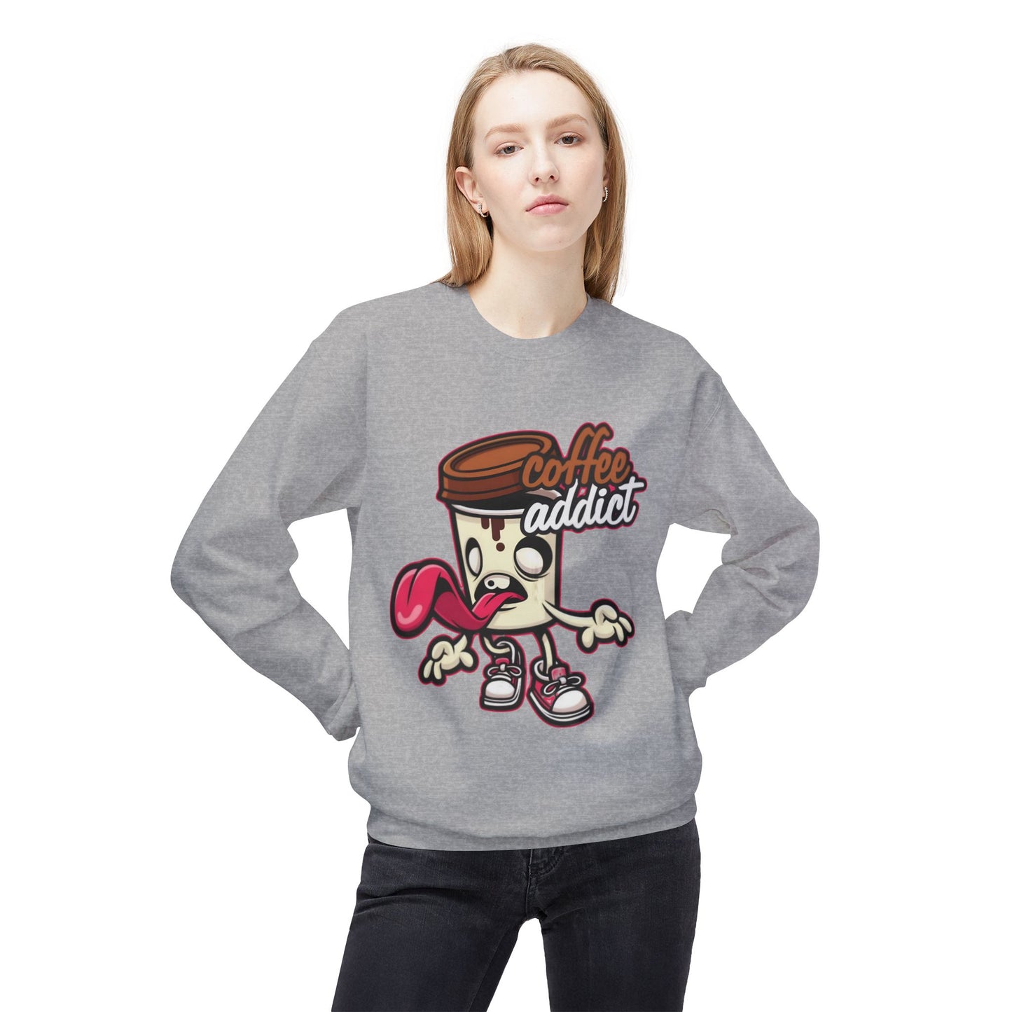Coffee Addict Crewneck Sweatshirt — Cute Cartoon Coffee Cup Graphic