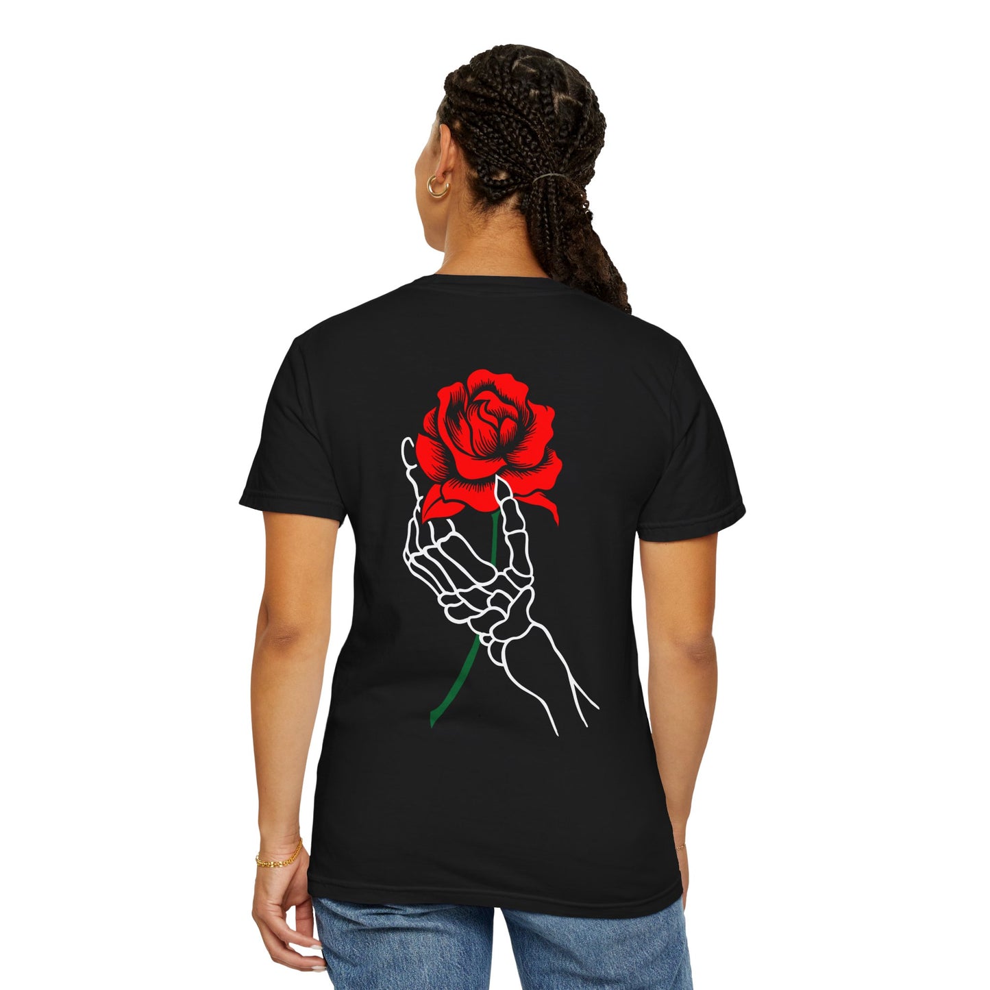 Skeleton Hand Holding Red Rose Graphic Tee
