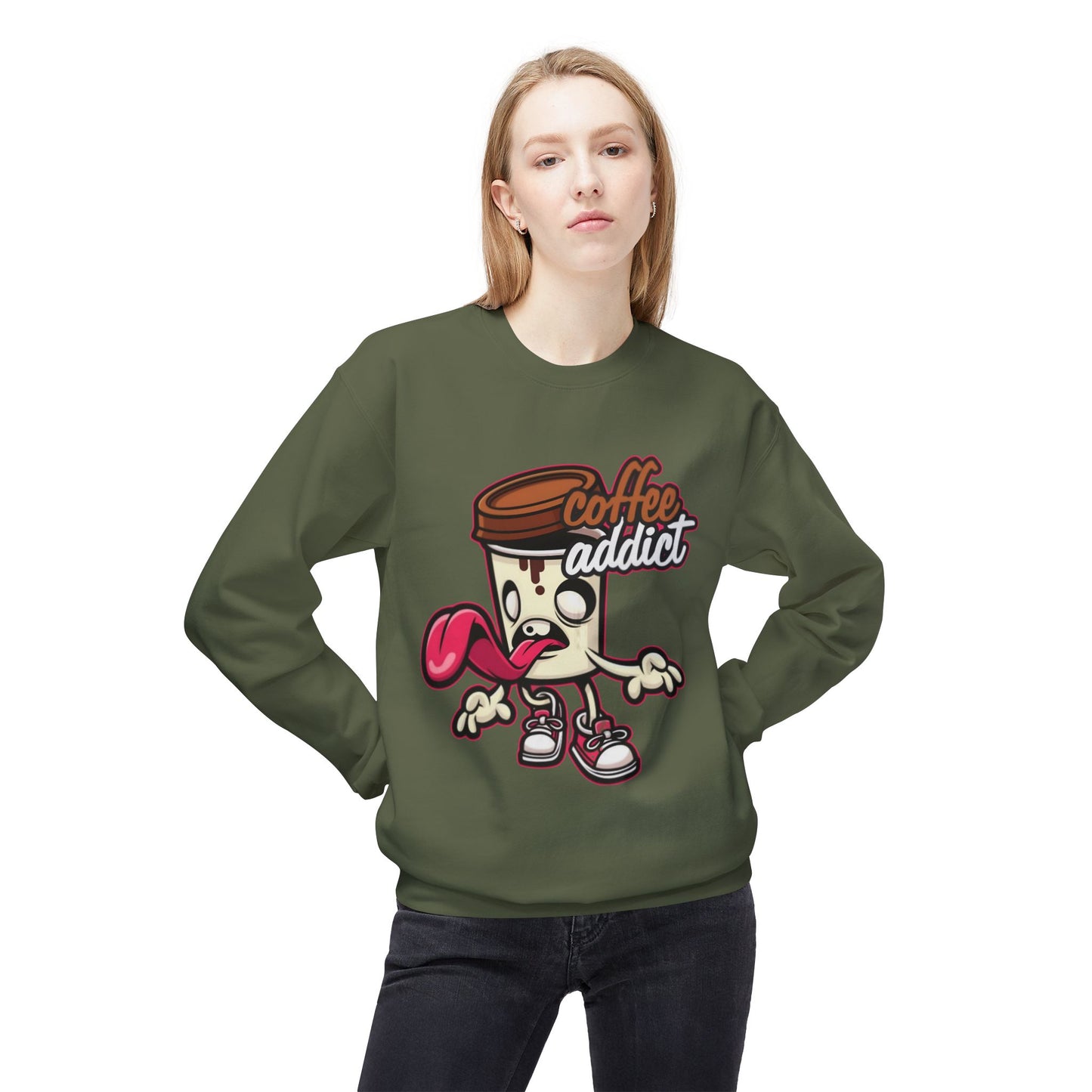 Coffee Addict Crewneck Sweatshirt — Cute Cartoon Coffee Cup Graphic