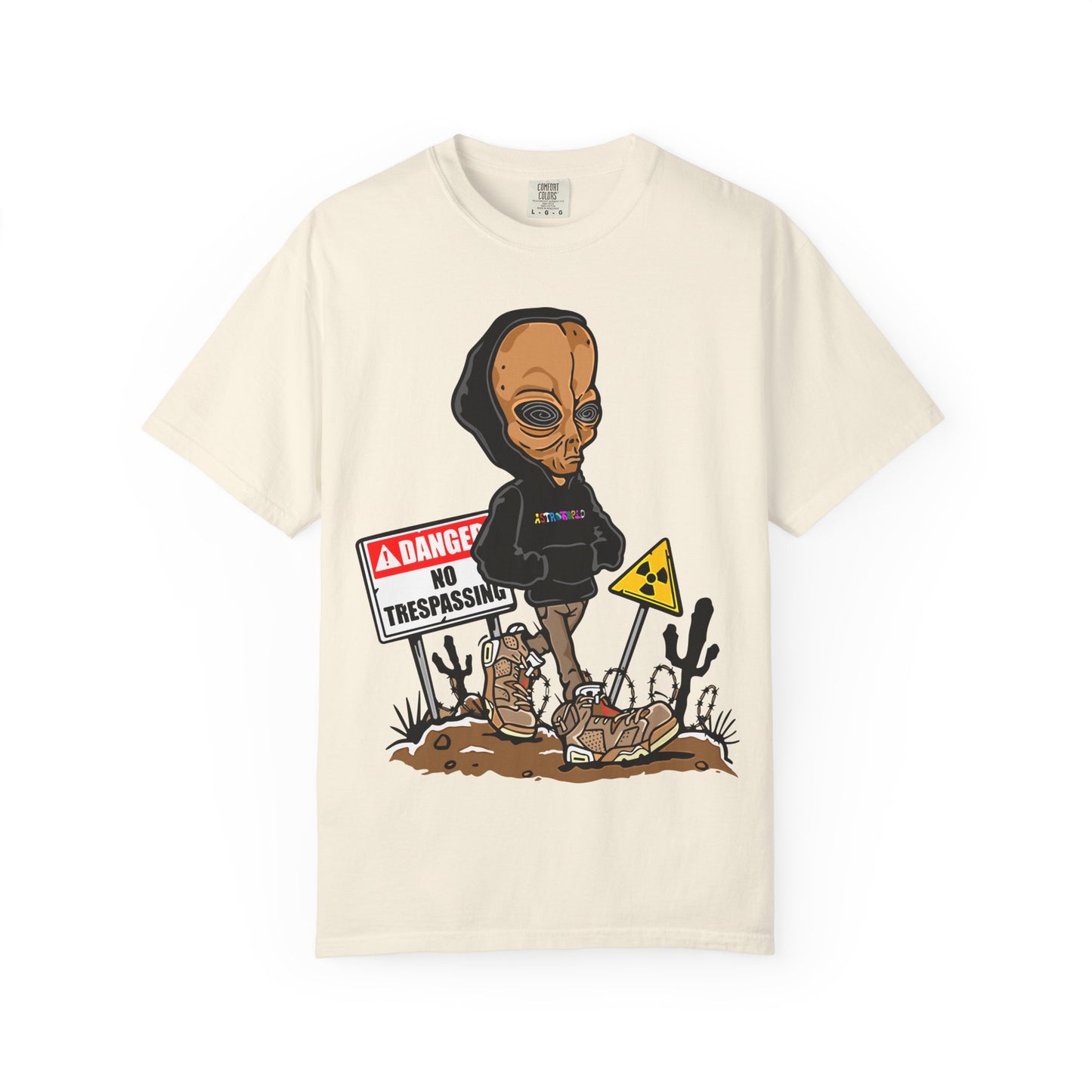 Alien Hooded T-Shirt — "No Trespassing" Desert Graphic