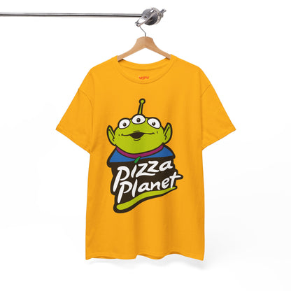 Pizza Planet Alien Graphic Tee — Retro Cartoon Pizza Logo T-Shirt