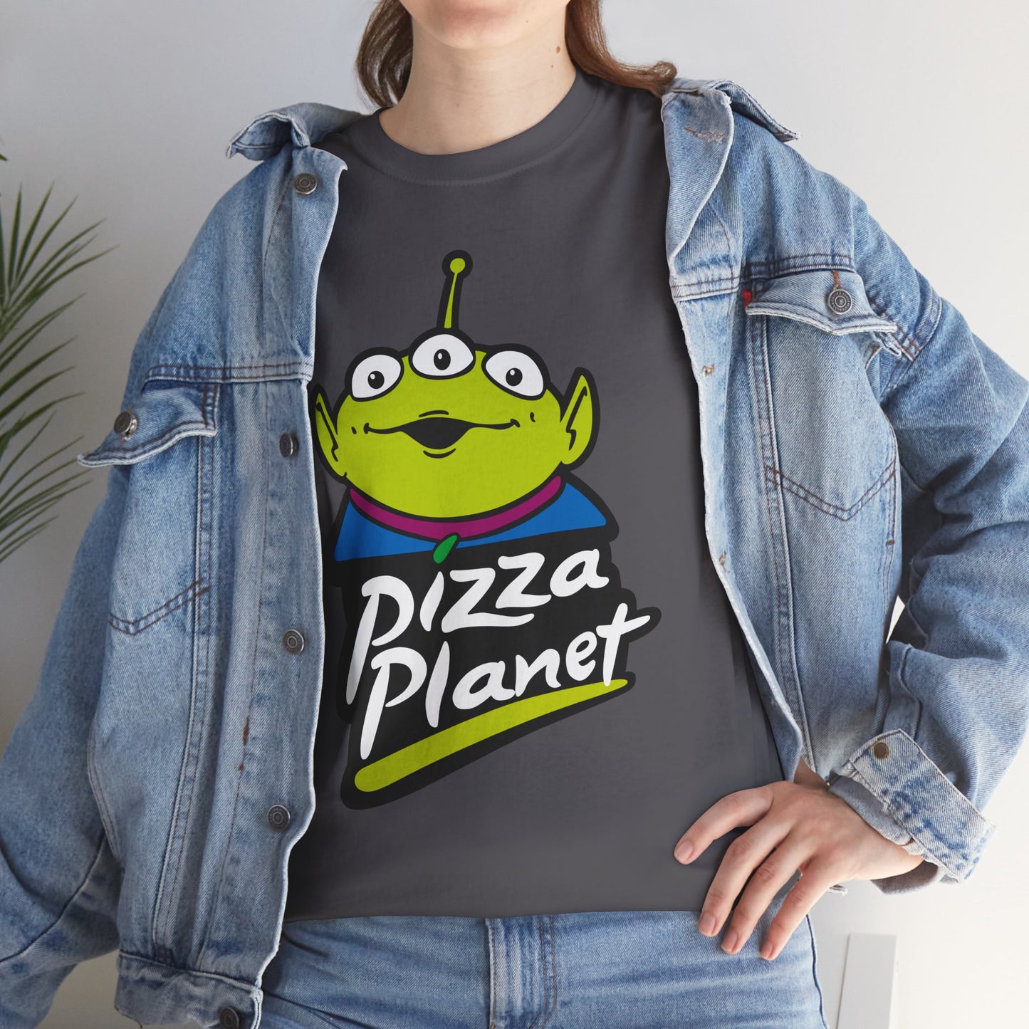 Pizza Planet Alien Graphic Tee — Retro Cartoon Pizza Logo T-Shirt