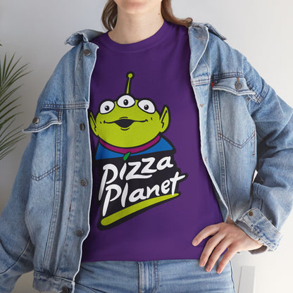 Pizza Planet Alien Graphic Tee — Retro Cartoon Pizza Logo T-Shirt