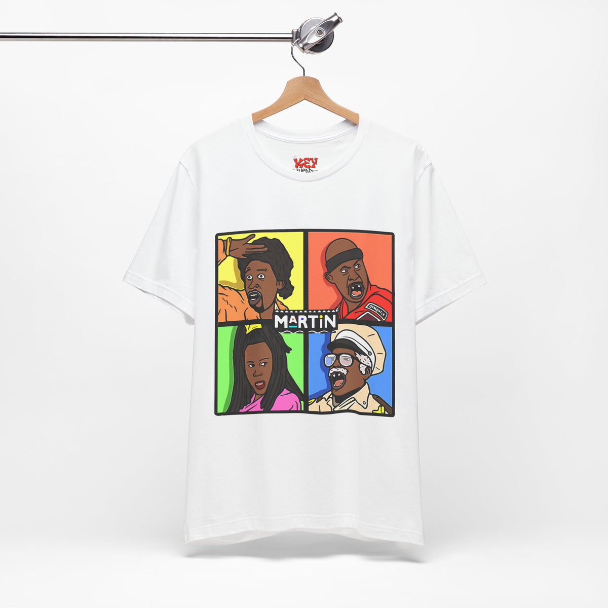 Retro TV Cast Graphic Tee — "Martin" Pop Art Squares
