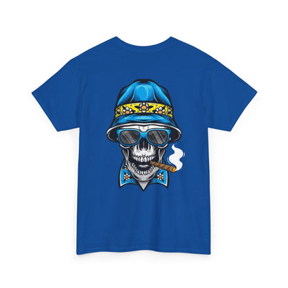Skull Cigar Tee — Vintage Blue Bucket Hat Graphic T-Shirt