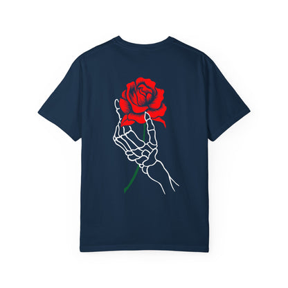 Skeleton Hand Holding Red Rose Graphic Tee