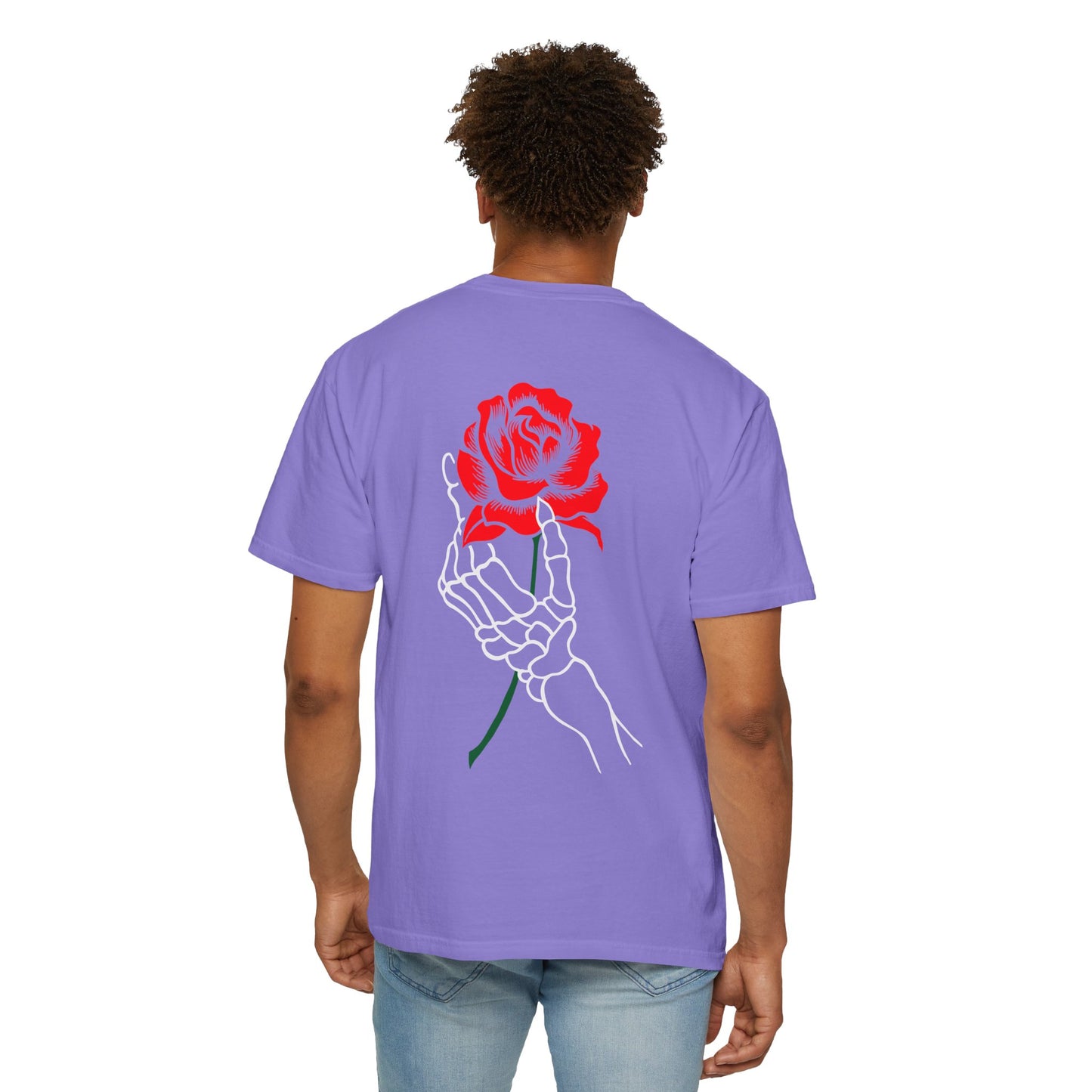Skeleton Hand Holding Red Rose Graphic Tee