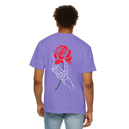 Skeleton Hand Holding Red Rose Graphic Tee
