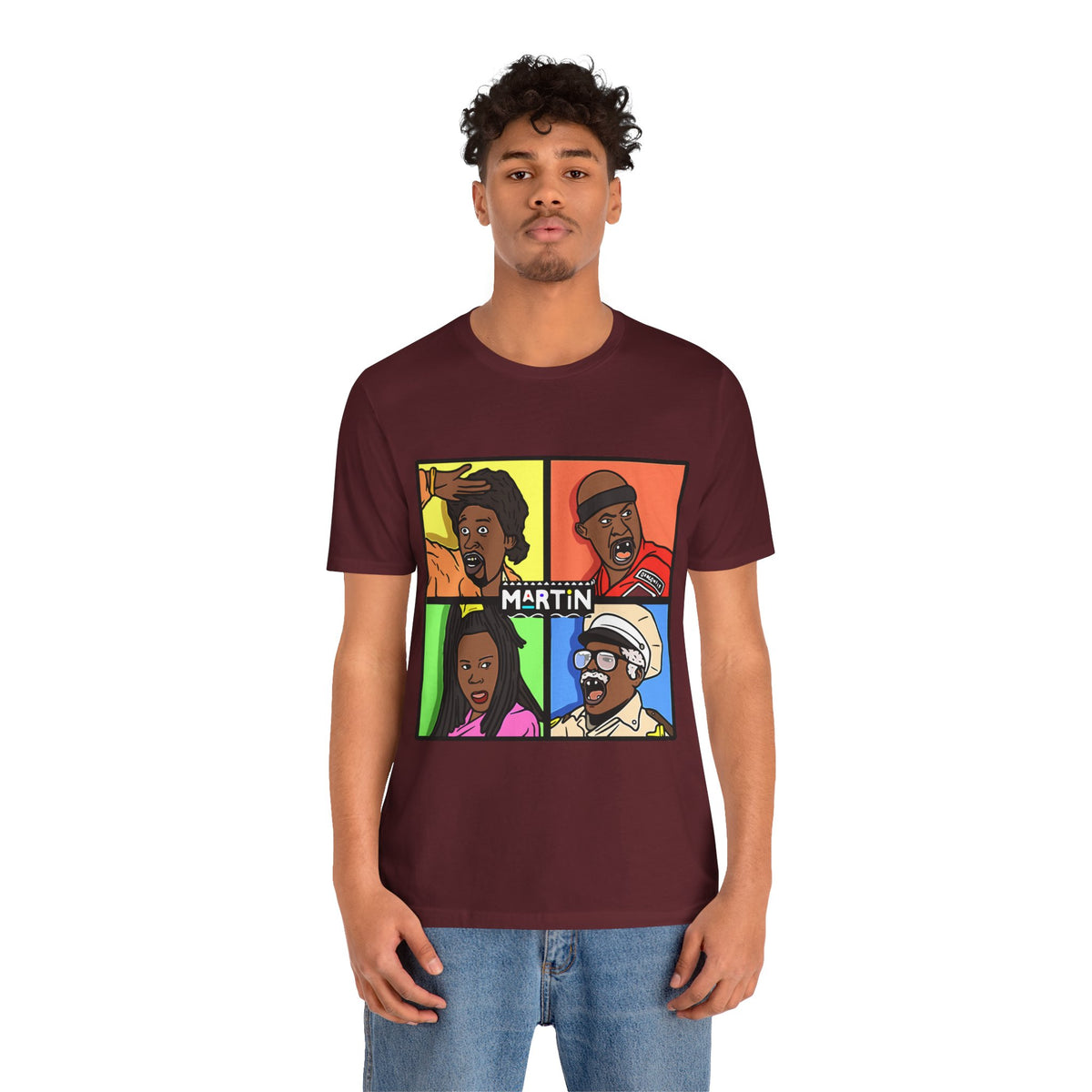 Retro TV Cast Graphic Tee — "Martin" Pop Art Squares