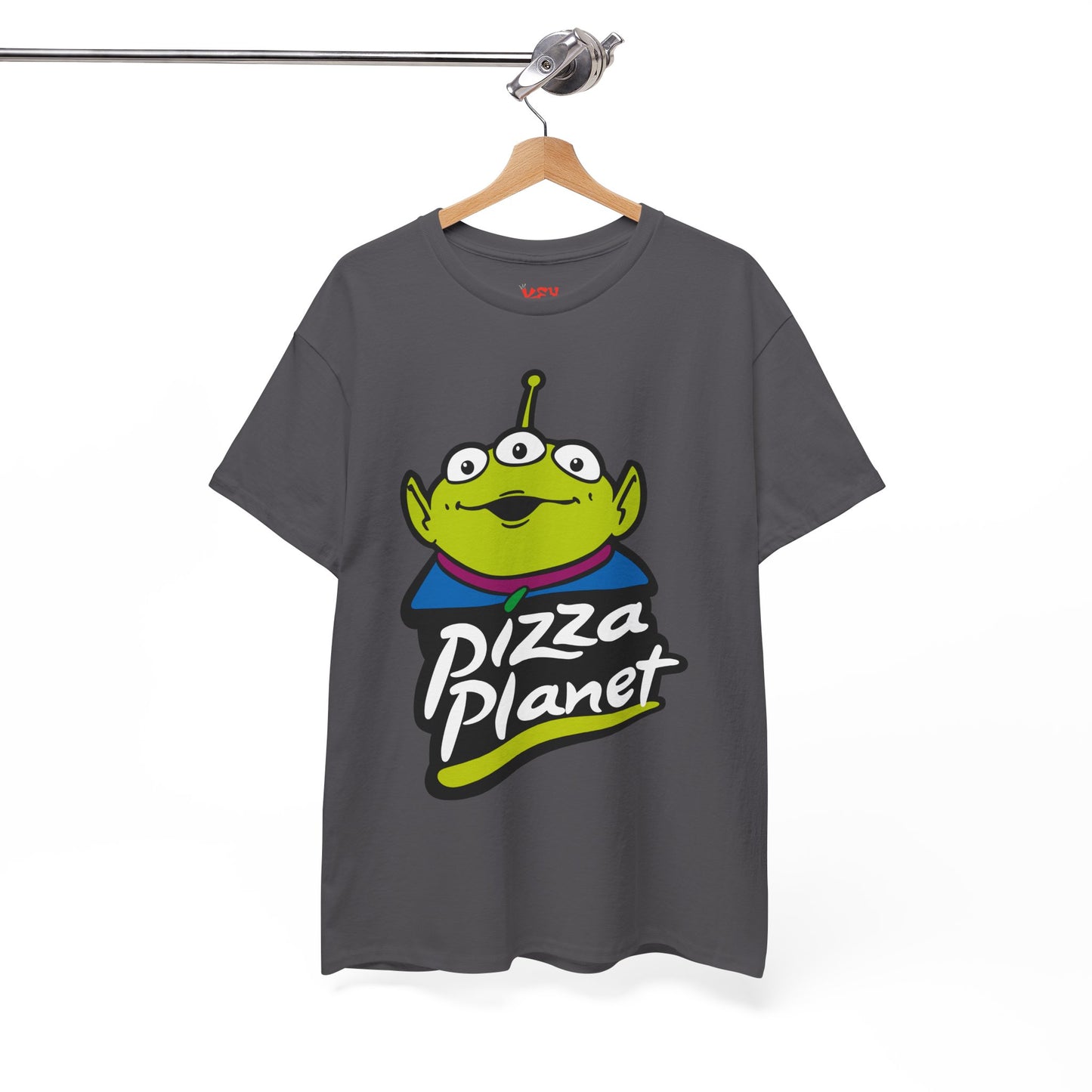 Pizza Planet Alien Graphic Tee — Retro Cartoon Pizza Logo T-Shirt