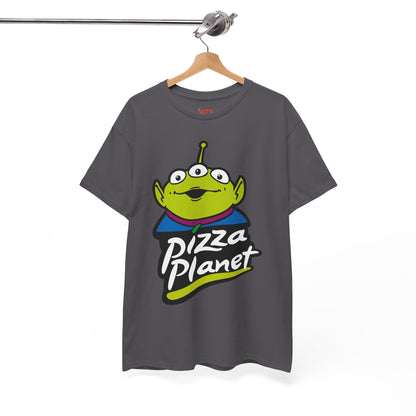 Pizza Planet Alien Graphic Tee — Retro Cartoon Pizza Logo T-Shirt