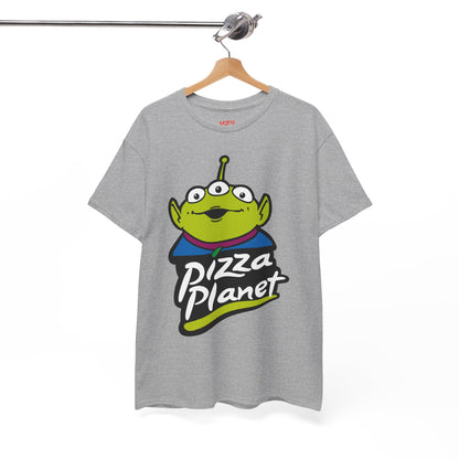 Pizza Planet Alien Graphic Tee — Retro Cartoon Pizza Logo T-Shirt