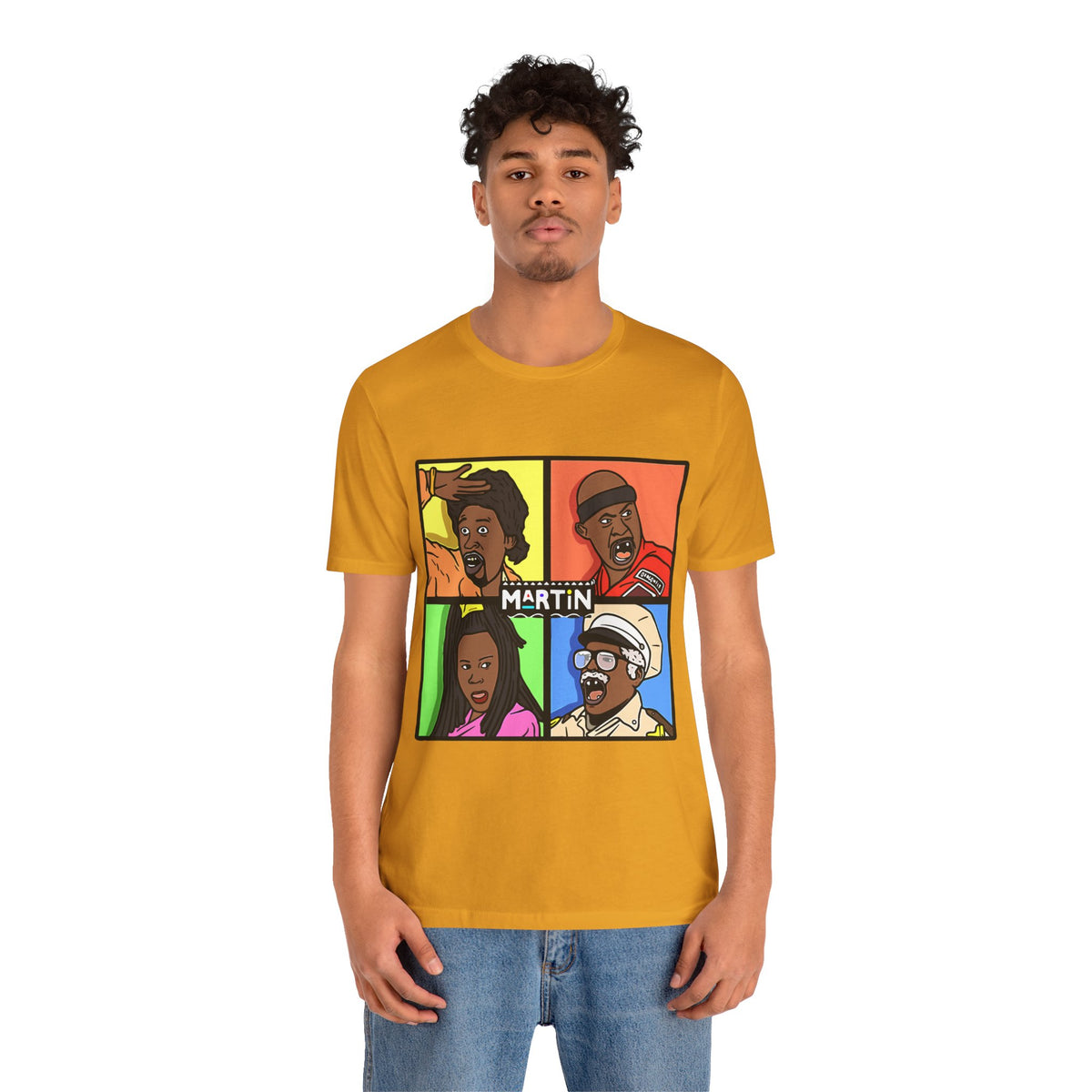Retro TV Cast Graphic Tee — "Martin" Pop Art Squares