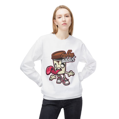 Coffee Addict Crewneck Sweatshirt — Cute Cartoon Coffee Cup Graphic
