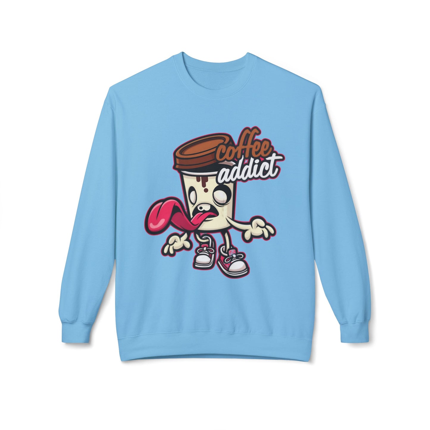 Coffee Addict Crewneck Sweatshirt — Cute Cartoon Coffee Cup Graphic