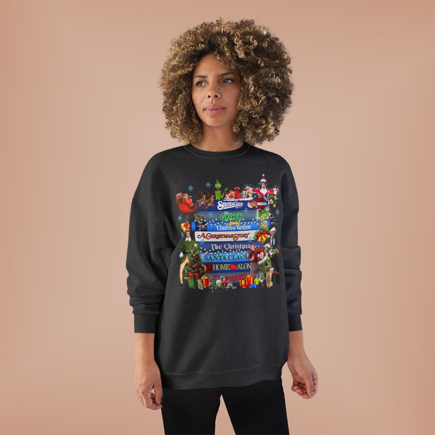 Christmas Movie Stack Crewneck Sweatshirt — Holiday Classics Sign Design