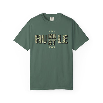 Stay Humble Hustle T-Shirt — Camo Lettering Motivational Tee
