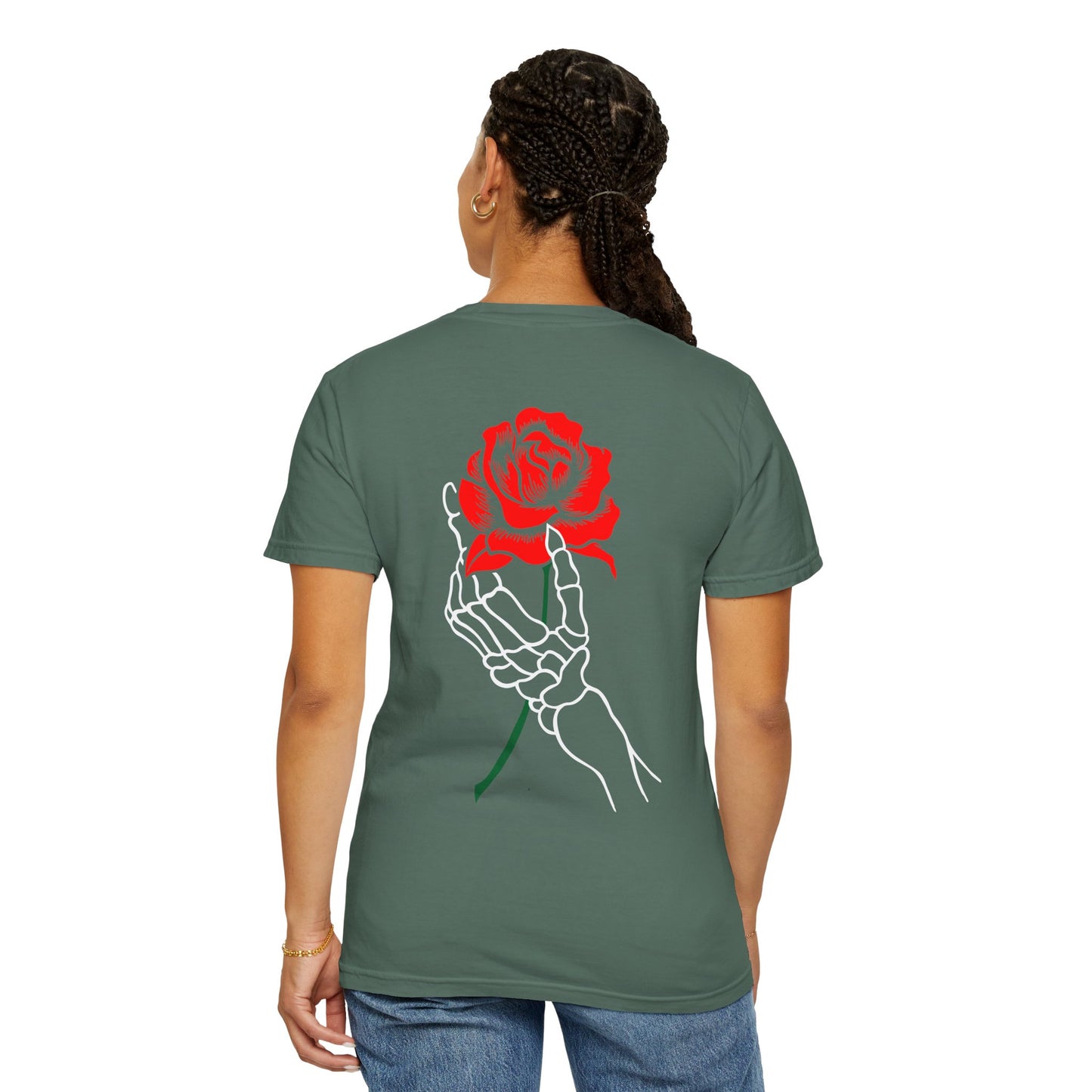 Skeleton Hand Holding Red Rose Graphic Tee
