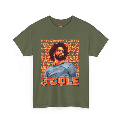 J Cole Graphic Tee — Retro Portrait with 'J-Cole' Text