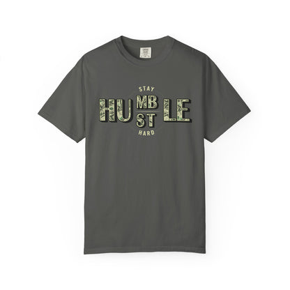 Stay Humble Hustle T-Shirt — Camo Lettering Motivational Tee